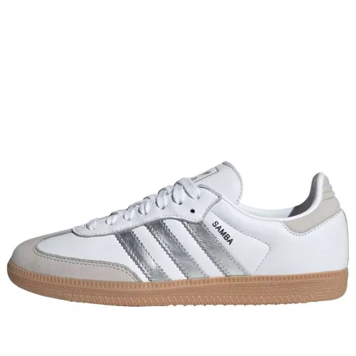 adidas Samba OG White Silver Metallic Grey dámske nízke streetové tenisky biele-strieborné — produktová fotografia na bielom pozadí, bočný pohľad