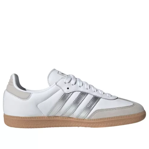 adidas Samba OG White Silver Metallic Grey dámske nízke streetové tenisky biele-strieborné — produktová fotografia na bielom pozadí, bočný pohľad