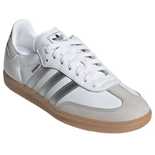 adidas Samba OG White Silver Metallic Grey dámske nízke streetové tenisky biele-strieborné — produktová fotografia na bielom pozadí, bočný pohľad