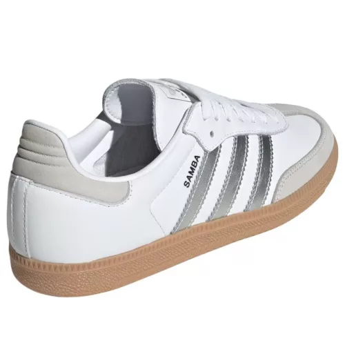 adidas Samba OG White Silver Metallic Grey dámske nízke streetové tenisky biele-strieborné — produktová fotografia na bielom pozadí, bočný pohľad