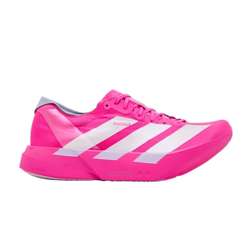 adidas Adizero Adios Pro 4 Shock Pink nízke bežecké tenisky ružové — produktová fotografia na bielom pozadí, bočný pohľad