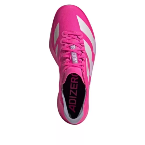 adidas Adizero Adios Pro 4 Shock Pink nízke bežecké tenisky ružové — produktová fotografia na bielom pozadí, bočný pohľad