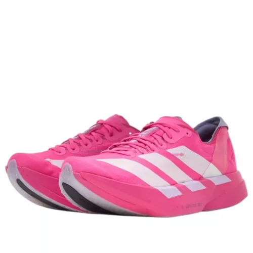 adidas Adizero Adios Pro 4 Shock Pink nízke bežecké tenisky ružové — produktová fotografia na bielom pozadí, bočný pohľad