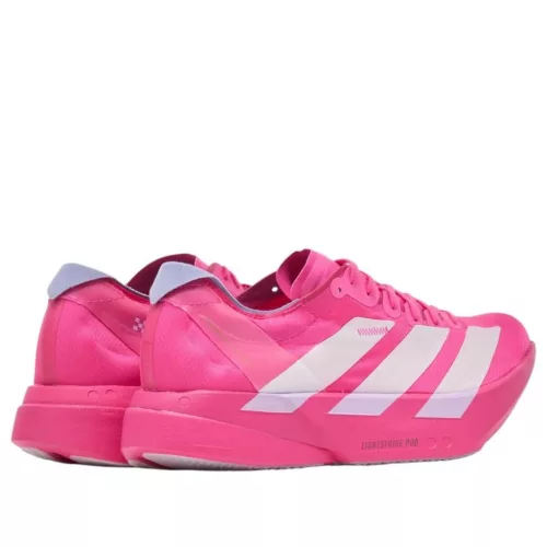 adidas Adizero Adios Pro 4 Shock Pink nízke bežecké tenisky ružové — produktová fotografia na bielom pozadí, bočný pohľad