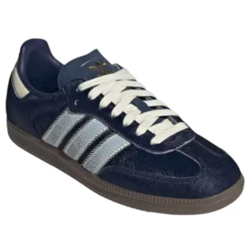 adidas Samba OG Pony Hair Night Indigo Clear Sky dámske nízke streetové tenisky indigové — produktová fotografia na bielom pozadí, bočný pohľad