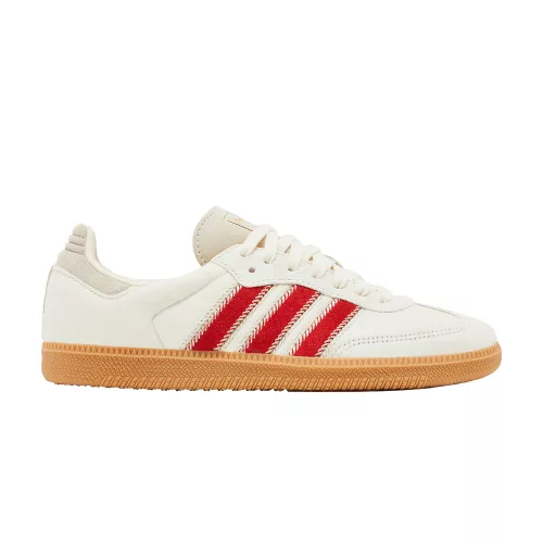 adidas Samba OG Pony Hair Wonder Beige Better Scarlet dámske nízke streetové tenisky béžové — produktová fotografia na bielom pozadí, bočný pohľad