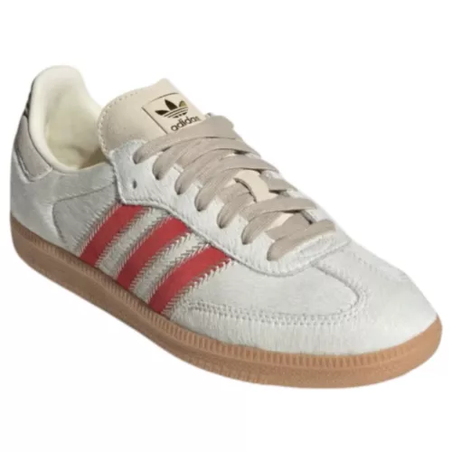adidas Samba OG Pony Hair Wonder Beige Better Scarlet dámske nízke streetové tenisky béžové — produktová fotografia na bielom pozadí, bočný pohľad