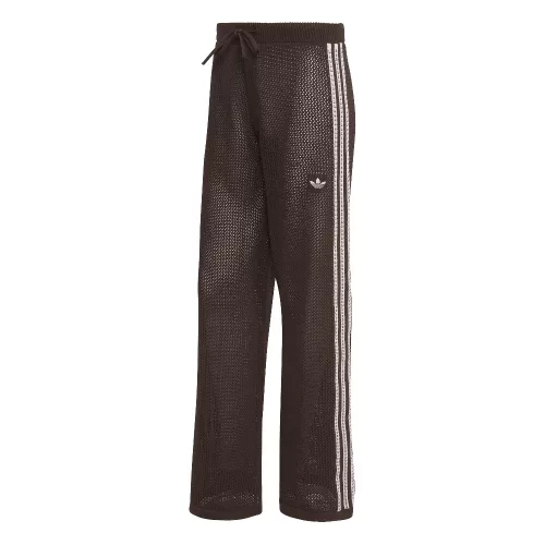 Adidas Knitted Crochet Firebird Track Pants Aurora Coffee nohavice — produktová fotografia na bielom pozadí, bočný pohľad