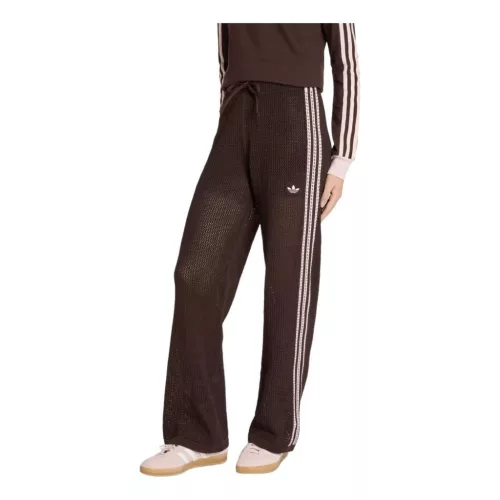 Adidas Knitted Crochet Firebird Track Pants Aurora Coffee nohavice — produktová fotografia na bielom pozadí, bočný pohľad