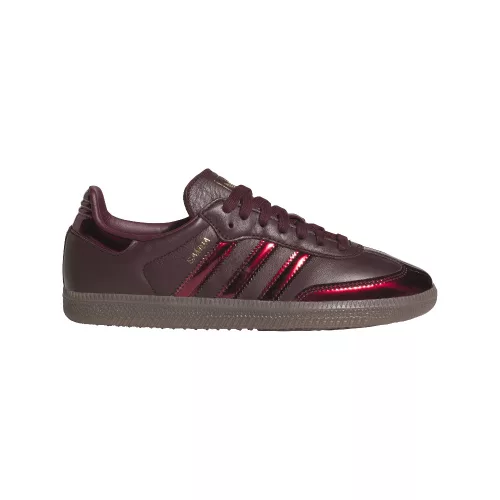 adidas Samba OG Maroon Gold Metallic dámske nízke streetové tenisky bordové-zlaté — produktová fotografia na bielom pozadí, bočný pohľad