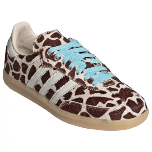 adidas Samba OG Giraffe Print Crystal Linen dámske nízke streetové tenisky — produktová fotografia na bielom pozadí, bočný pohľad