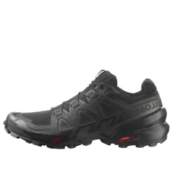 Salomon Speedcross 6 Black Phantom nízke trailové topánky čierne-lomené biele — produktová fotografia na bielom pozadí, bočný pohľad