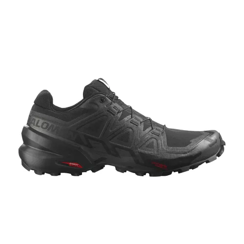 Salomon Speedcross 6 Black Phantom nízke trailové topánky čierne-lomené biele — produktová fotografia na bielom pozadí, bočný pohľad