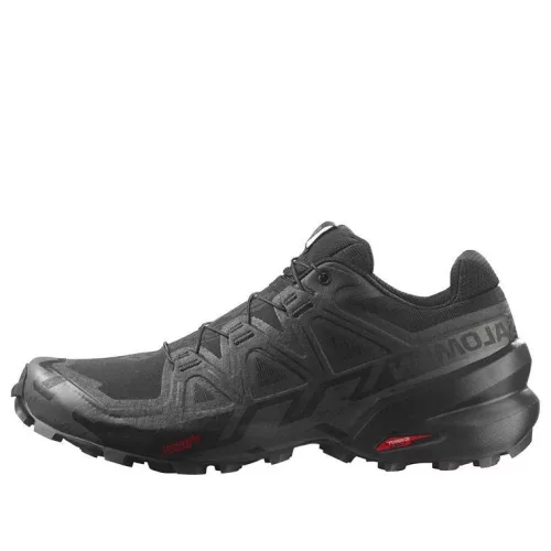 Salomon Speedcross 6 Black Phantom nízke trailové topánky čierne-lomené biele — produktová fotografia na bielom pozadí, bočný pohľad