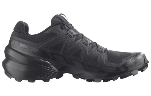 Salomon Speedcross 6 Black Phantom nízke trailové topánky čierne-lomené biele — produktová fotografia na bielom pozadí, bočný pohľad