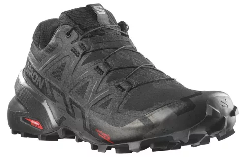 Salomon Speedcross 6 Black Phantom nízke trailové topánky čierne-lomené biele — produktová fotografia na bielom pozadí, bočný pohľad