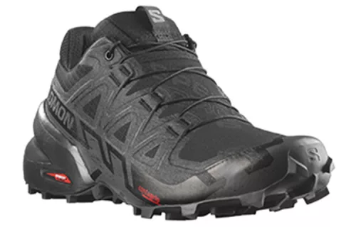 Salomon Speedcross 6 Black Phantom dámske nízke trailové topánky čierne-lomené biele — produktová fotografia na bielom pozadí, bočný pohľad