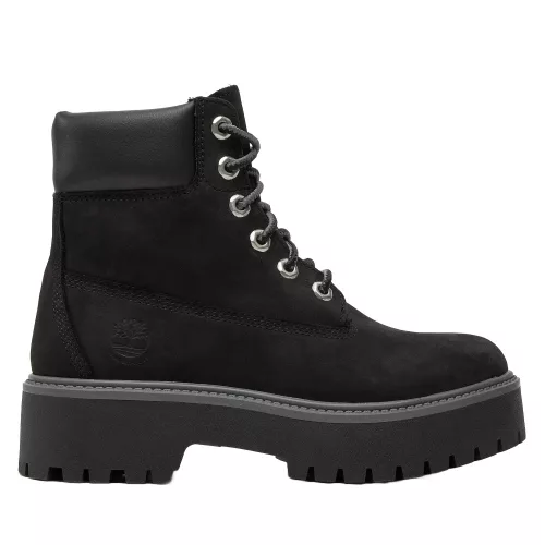 Timberland Stone Street 6IN WP Black dámske členkové topánky čierne — produktová fotografia na bielom pozadí, bočný pohľad